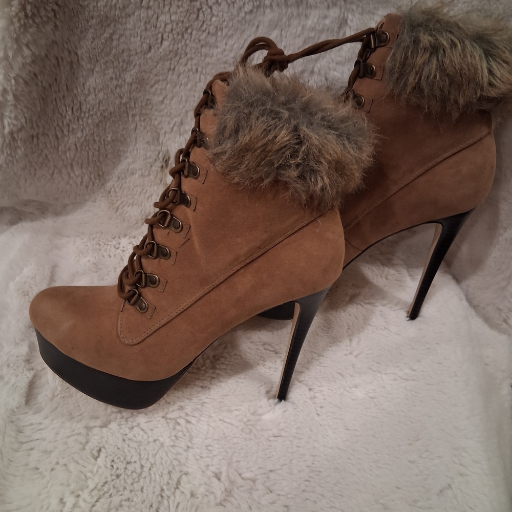 Shoe Dazzle Tan Fur-Trimmed Heeled Boots - Picture 4 of 6